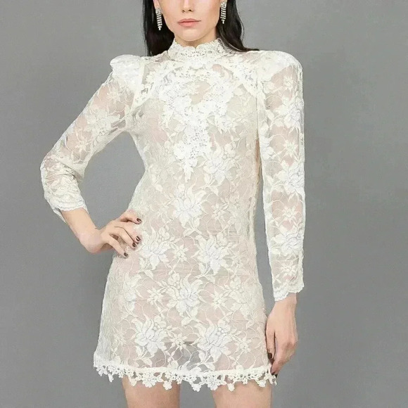 Vintage Short Sheer Lace Wedding Dress Small Long Sleeve Mock Neck Formal Dress